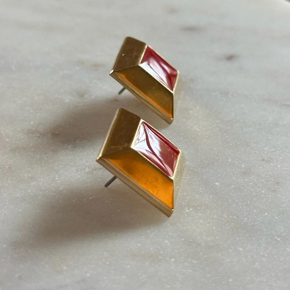 Vintage Napier Earrings Gold Tone Diamond Shaped Studs Cherry Red Enamel Center - Picture 4 of 10